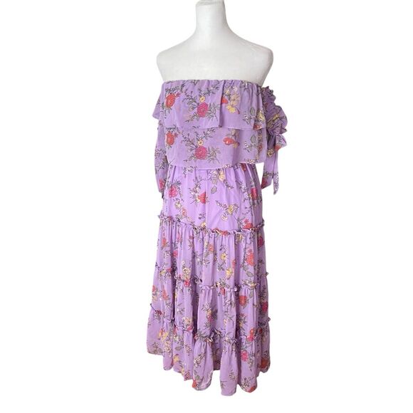 Shero Small Midi Dress Long Flowy Floral Purple Off the Shoulder Lavender - Picture 5 of 13